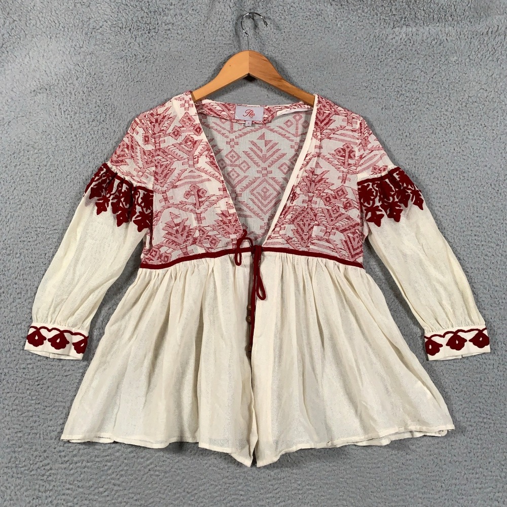 Roja Embroidered Gauze Peplum Top Womens Small S Cream Red Boho Tie Front V-Neck